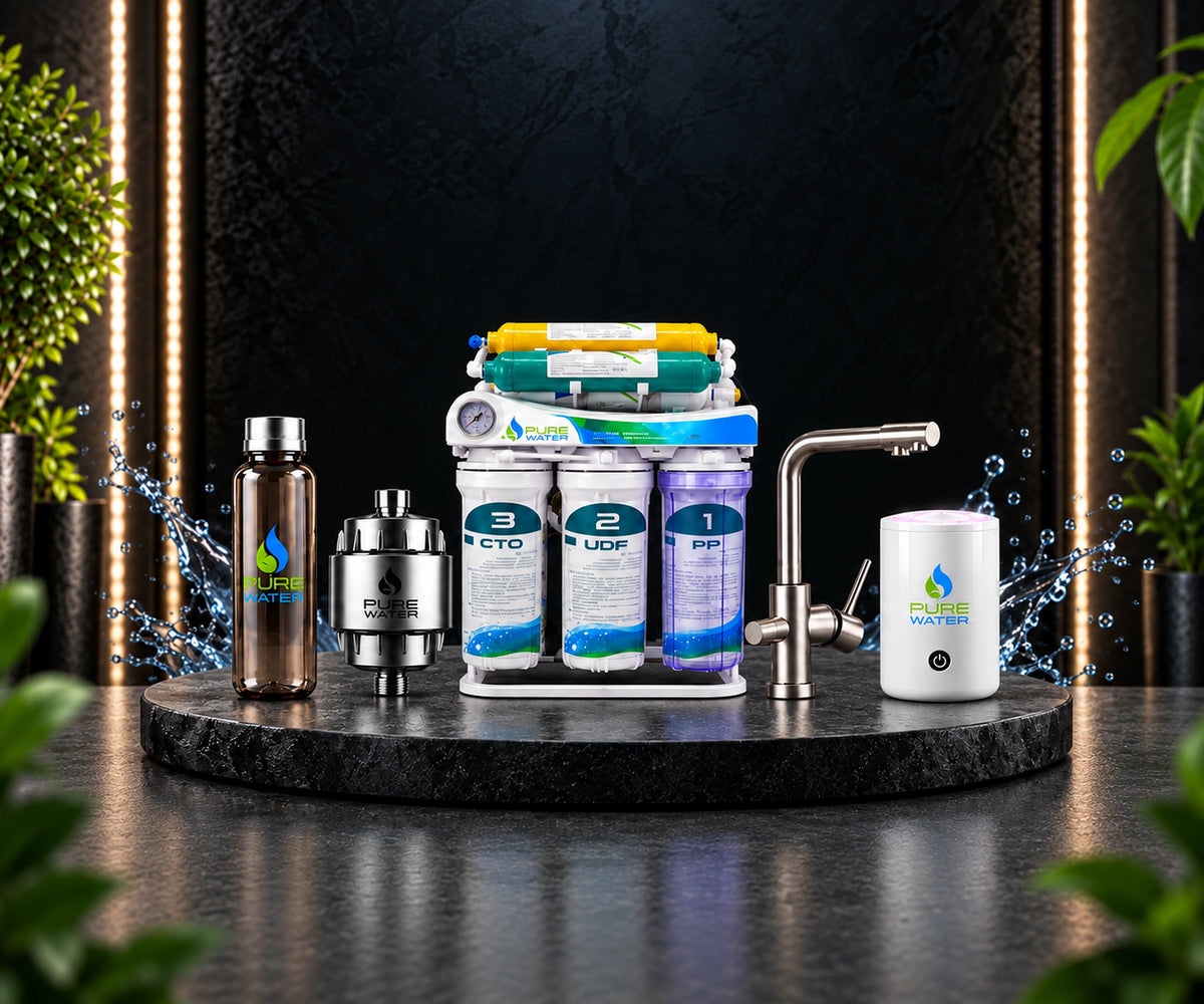 Pure Water 5-Delig Pakket.  8 Stage RO Filter + Rvs Kraan + Foodhealer +Filterfles + Douche filter