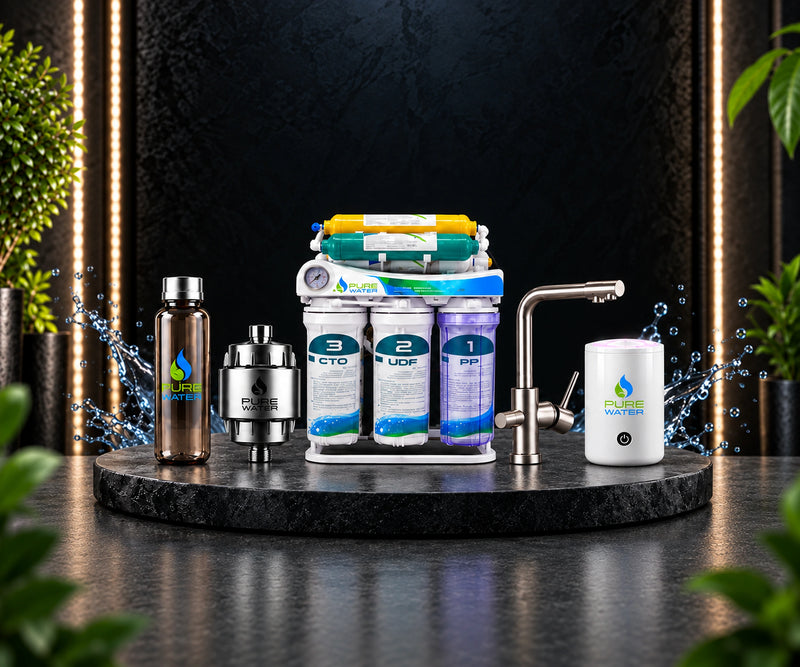 Aqua Purifier pakket: 8-Stage RO Water Filter + Kraan + Foodhealer + Filterfles + Douche filter
