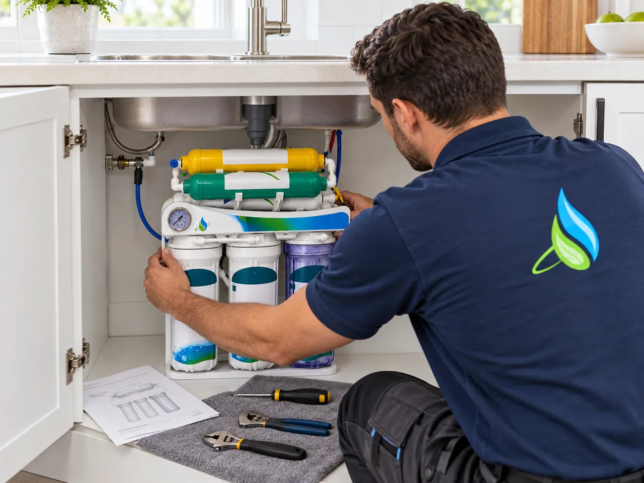 Pure Water monteur installeert een osmosefiltersysteem