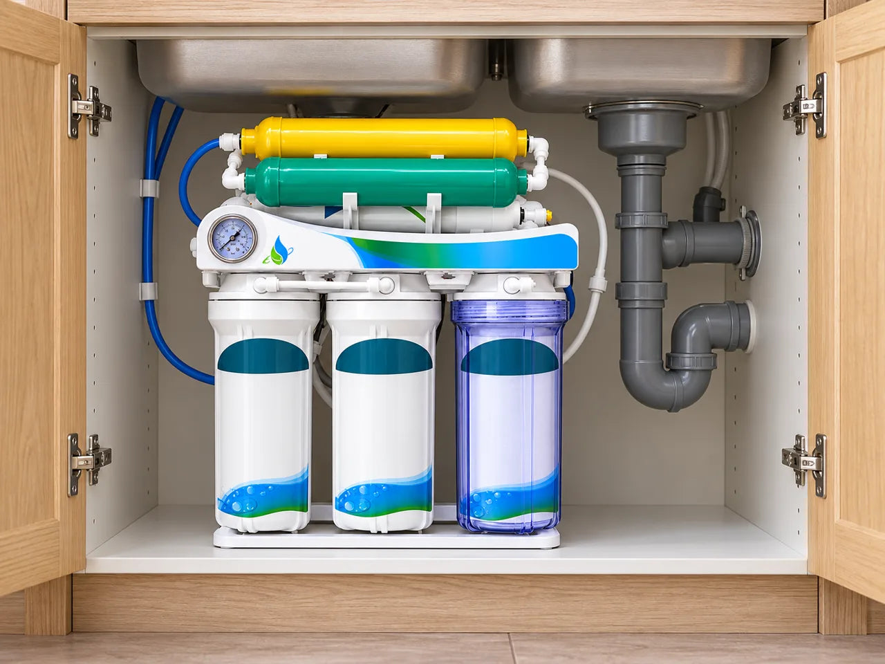 Netjes aangesloten Pure Water filtersysteem onder de gootsteen