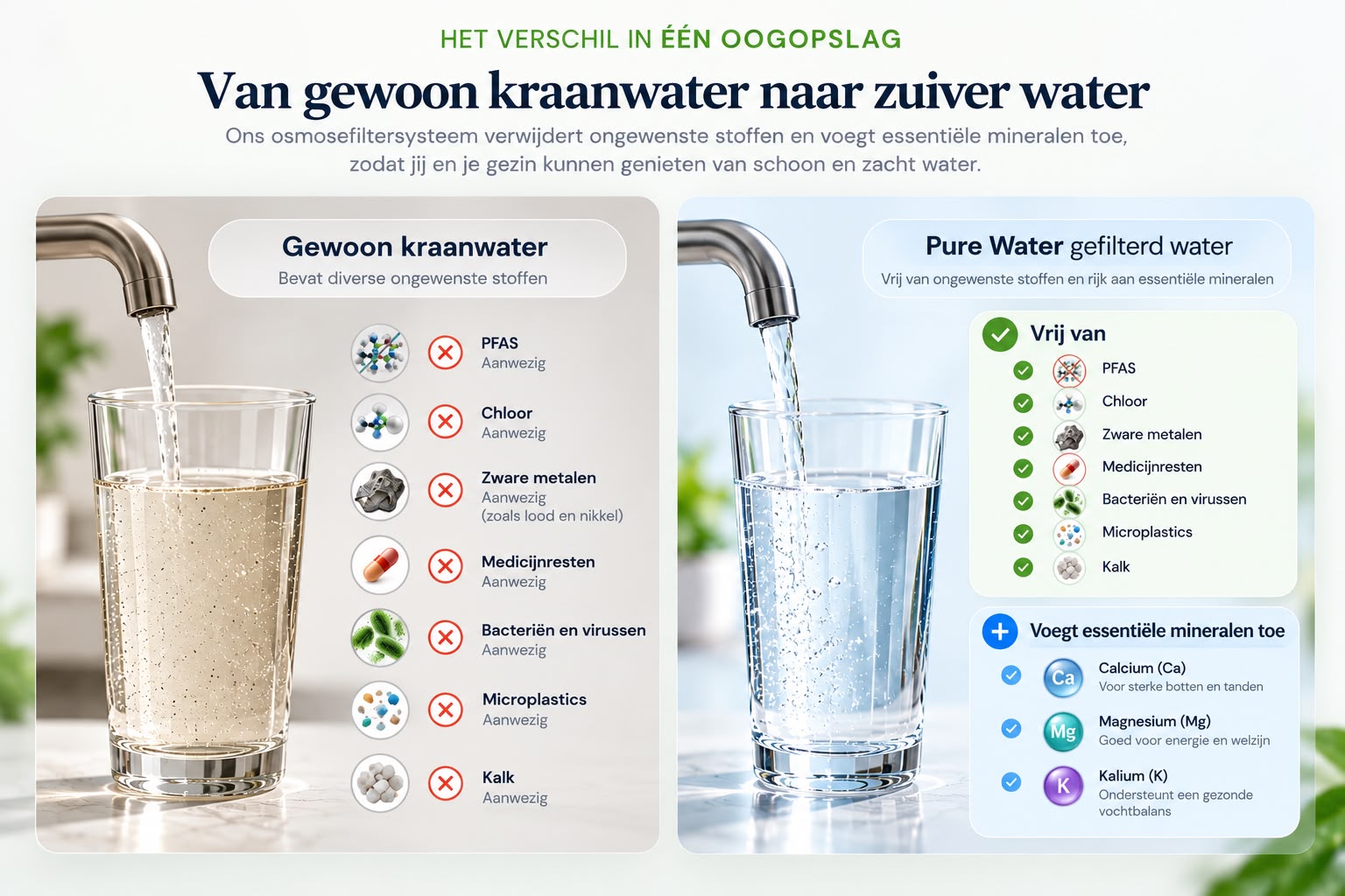 Vergelijking tussen gewoon kraanwater en gefilterd Pure Water