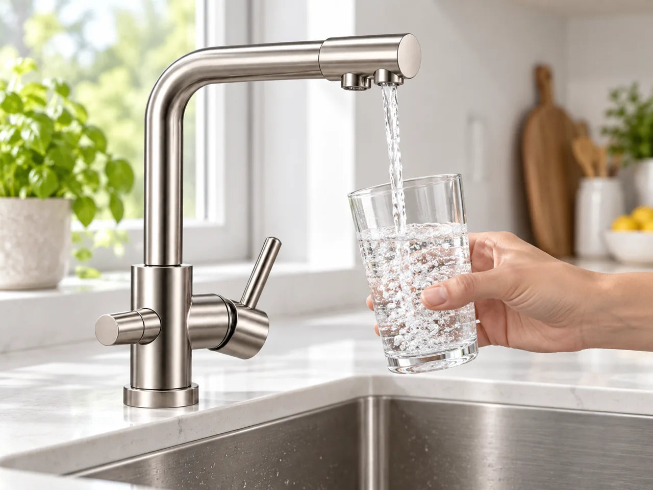 Een glas schoon drinkwater wordt gevuld bij de kraan