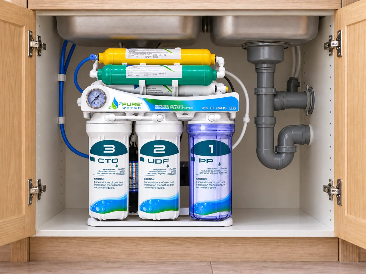 Het aangeleverde Pure Water osmosefiltersysteem volledig aangesloten onder de gootsteen
