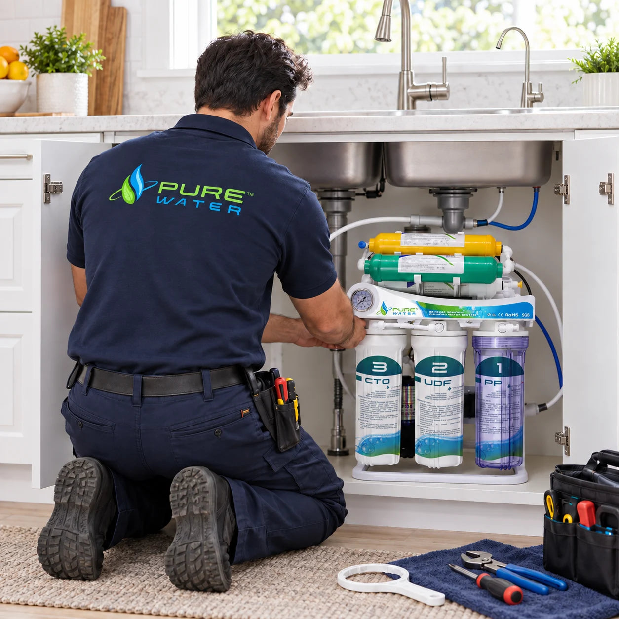 Pure Water monteur met bedrijfslogo installeert het aangeleverde osmosefiltersysteem