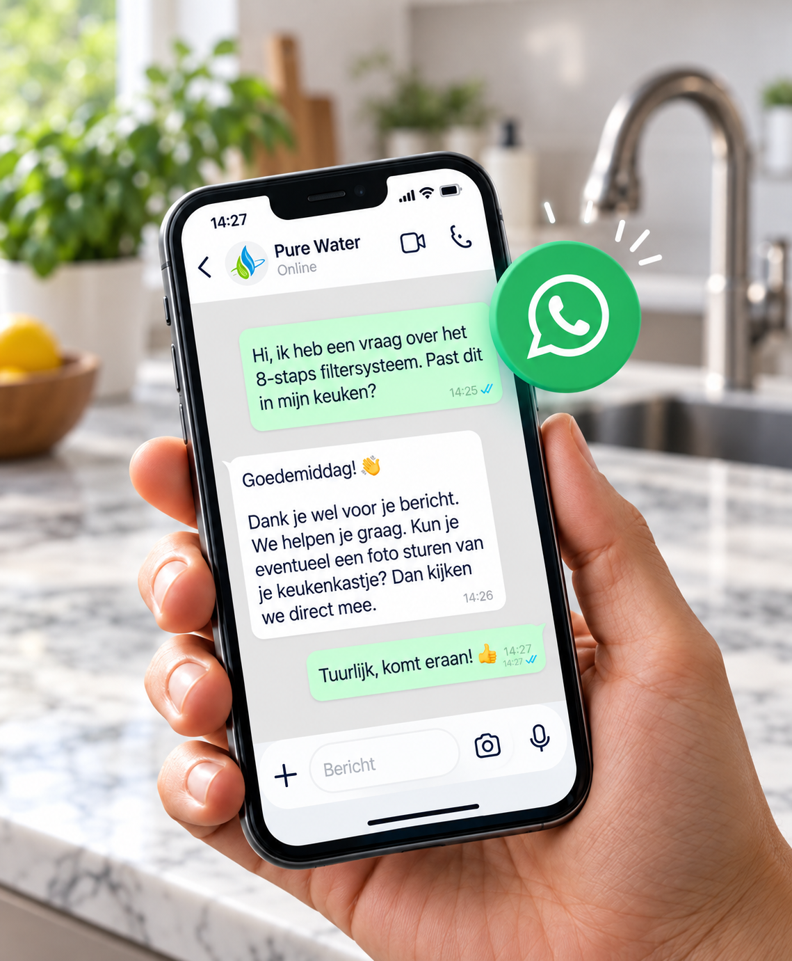 WhatsApp-gesprek met het officiële Pure Water-logo voor persoonlijk advies